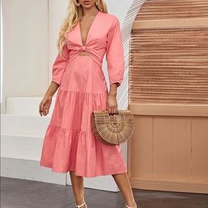 Salmon/coral Plunging neck flounce hem dress